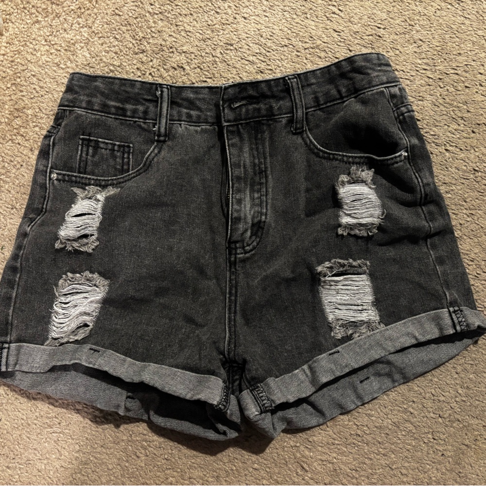 SHEIN Black Distressed Rolled-Hem Jean Shorts
